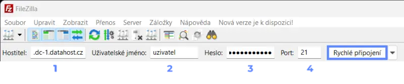 Jak se připojit k webhostingu pomocí FTP – Otevřete aplikaci FileZilla a vyplňte část Rychlé připojení údaji FTP