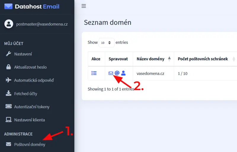 Jak vytvořit emailové schránky – V levém menu zvolíte Poštovní domény a kliknete na ikonu obálky u domény, pro kterou…