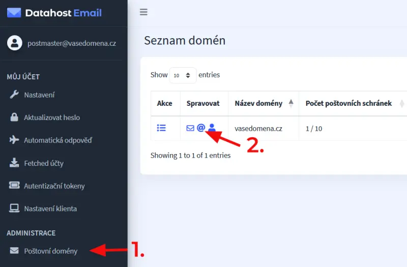 Jak nastavit emailový alias – V levém menu zvolíte Poštovní domény a kliknete na ikonu Aliasů (zavináč) u domény, ve…
