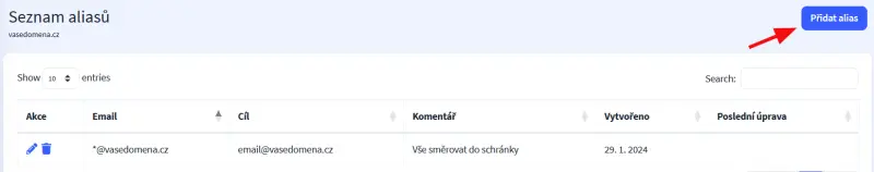 Jak nastavit emailový alias – Zobrazí se Vám seznam aliasů, které můžete editovat nebo mazat. Pro přidání aliasu zvolte…