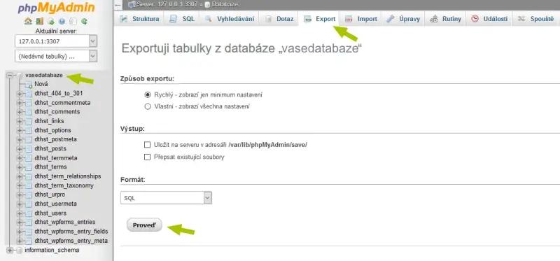 Jak exportovat databázi – Po přihlášení vyberte v levé části databázi, kterou chcete exportovat a nahoře vyberte z…