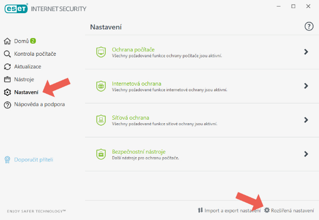 Antivir ESET blokuje příchozí poštu – Spusťte ESET, přejděte v levé části do Nastavení a poté klikněte vpravo dole na Rozšířená…