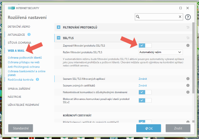 Antivir ESET blokuje příchozí poštu – V levé části vyberte WEB A MAIL a následně v pravé části vyberte SSL/TLS . Zde je…
