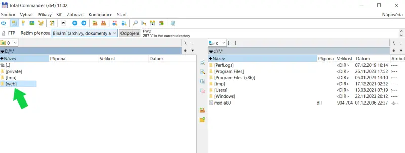 Jak se přihlásit k FTP pomocí Total Commander – Soubory nahrávejte do složky web