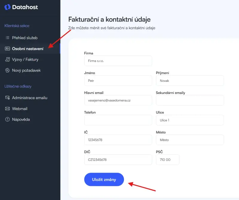 Jak změnit fakturační údaje – Po přihlášení do klientské sekce vyberte v levém menu Osobní nastavení .