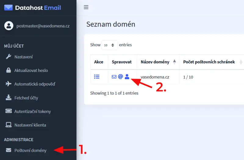 Jak přidat nového manažera pro správu schránek a domény – V levém menu zvolíte Poštovní domény a kliknete na ikonu Manažerů u domény, ve které…