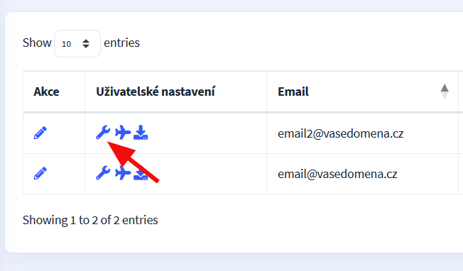 Jak nastavit přeposílání u schránky – U schránky, kde chcete nastavit přesměrování, klikněte na ikonu Nastavení