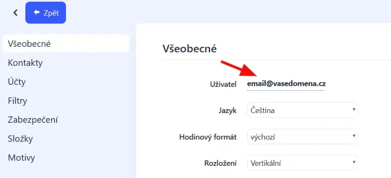 Jak přidat emailový podpis v Datahost Webmail – V záložce Všeobecné klikněte na položku Uživatel (váš email)