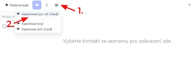 Jak importovat kontakty do Datahost Webmail – V kontaktech vyberte menu , následně Importovat a vložte soubor .csv, .vcf nebo .vCard 