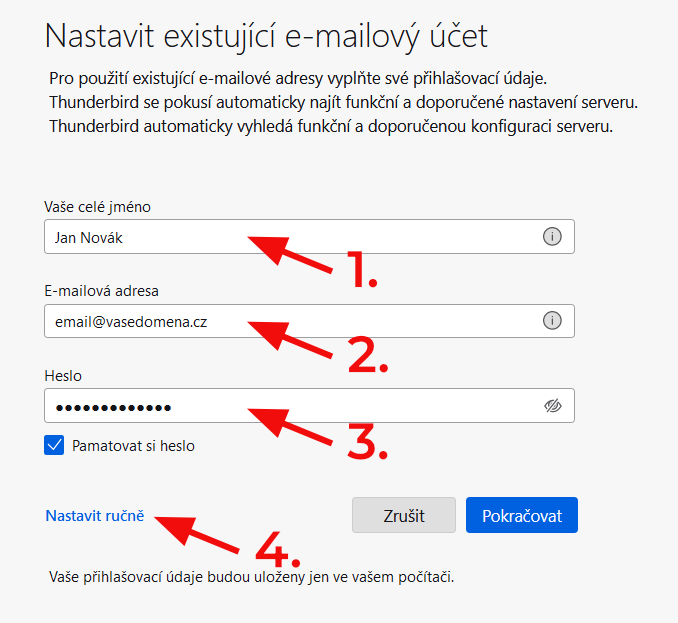 Jak nastavit email v aplikaci Mozilla Thunderbird – Vyplňte své jméno , emai l, heslo k emailu a klikněte na Nastavit ručně 