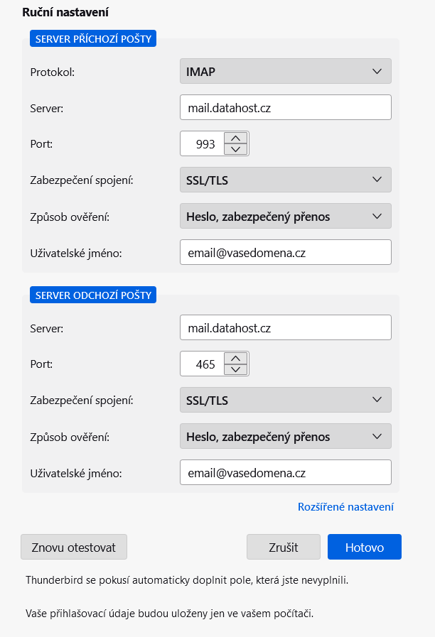 Jak nastavit email v aplikaci Mozilla Thunderbird – Vyplňte Server , Port , Zabezpečení spojení a Způsob ověření podle konfigurace. Pokud…