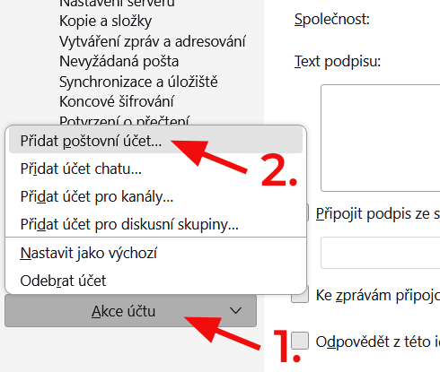 Jak nastavit email v aplikaci Mozilla Thunderbird – Ve spodní části levého podokna klikněte na tlačítko Akce účtu a zvolte Přidat poštovní…
