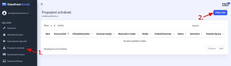 Jak propojit schránku z jiného serveru – V Propojení schránek můžete spravovat Propojené schránky nebo přidat nové pomocí Přidat…