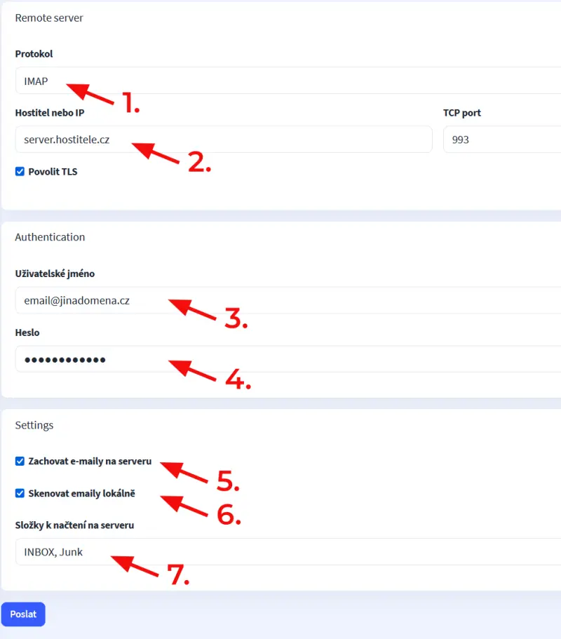 Jak propojit schránku z jiného serveru – Vyberte protokol, přes který chcete emaily stahovat (IMAP nebo POP3) , vyplňte server…