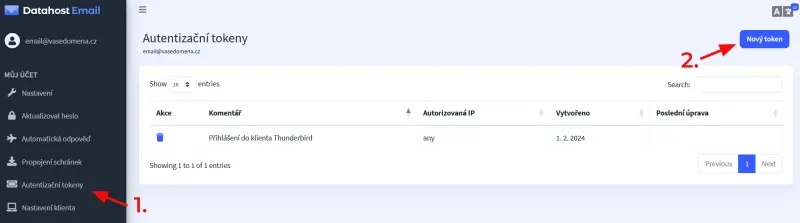 Jak na Autentizační tokeny – V levém menu vyberte Autentizační tokeny, kde můžete spravovat své již vytvořené tokeny…