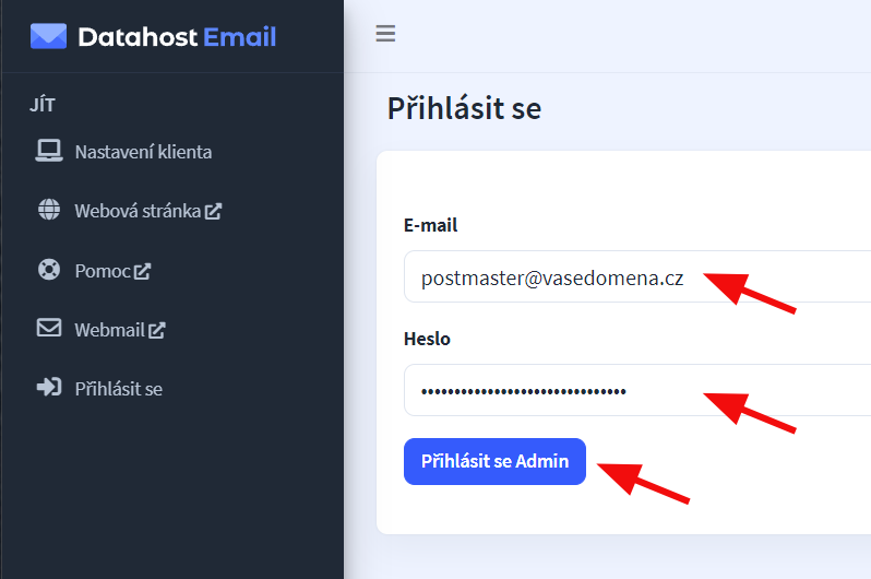 Jak vytvořit emailové schránky – Přejděte na URL mail.datahost.cz a přihlaste se pomocí manažerského emailu pro správu…
