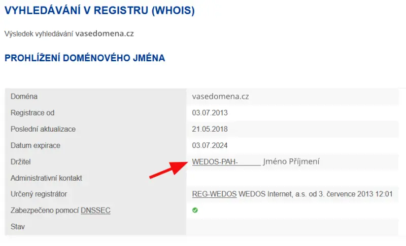 Jak zjistit majitele domény – Ve výpisu domény naleznete Držitele domény a po jeho rozkliknutí, pokud to GDPR dovolí…