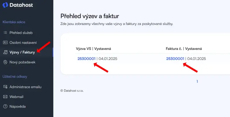Kde najdu své výzvy a faktury – Po přihlášení do klientské sekce na https://klient.datahost.cz klikněte v levém menu na…