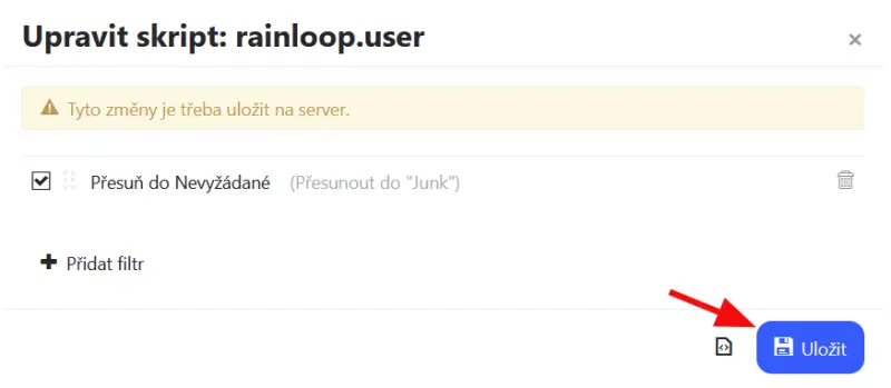 Nastavení filtru zpráv v Datahost Webmail – Po dokončení je potřeba tyto změny uložit na server kliknutím na Uložit
