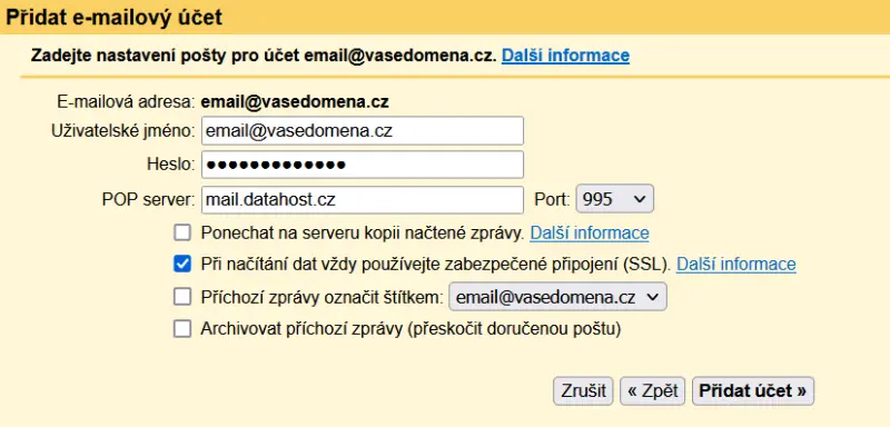 Jak nastavit email na webové verzi služby Gmail – Okno s vloženými údaji o příchozí poště (POP3) bude vypadat takto