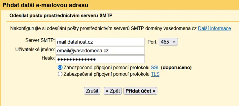 Jak nastavit email na webové verzi služby Gmail – Parametry pro odchozí email (SMTP) budou vypadat takto