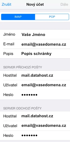 Nastavení emailu v aplikaci Mail pro iPad a iPhone (iOS) – Okno s nastavením SMTP a IMAP bude vypadat takto