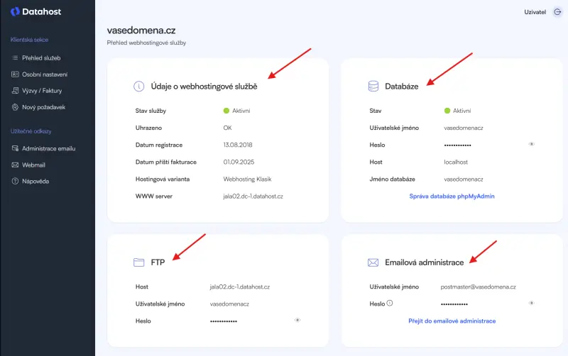 Správa domény – Po rozkliknutí domény se dostanete do podrobných informací týkajících se domény, kde…