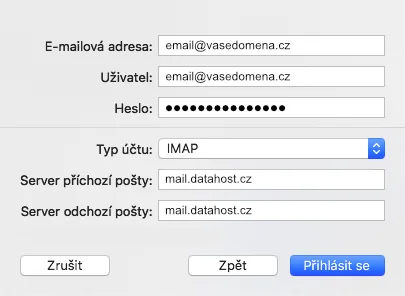 Nastavení emailu v systému Mac OS X Mail – Okno s nastavením SMTP a IMAP bude vypadat takto