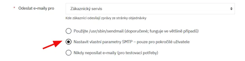Jak nakonfigurovat SMTP v PrestaShopu – V části E-mail vyberte možnost Nastavit vlastní parametry SMTP