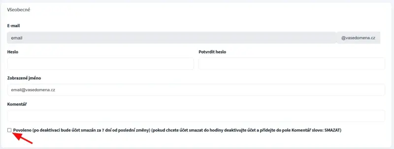 Jak smazat emailové schránky – Odškrtněte (nezaškrtnuto) u schránky Povoleno a uložte kliknutím na Uložit .