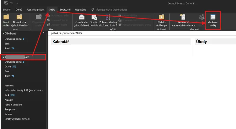Jak zjistit velikost poštovní schránky v klasickém Outlooku – Přejdi na kartu Folder (Složka) a klikni na Folder Properties (Vlastnosti složky) .