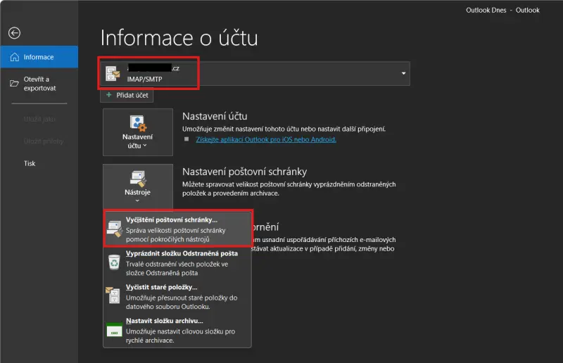 Jak zjistit velikost poštovní schránky v klasickém Outlooku – V Outlooku jdi na Soubor (File) → Nástroje (Tools) → Mailbox Cleanup (Vyčištění poštovní…