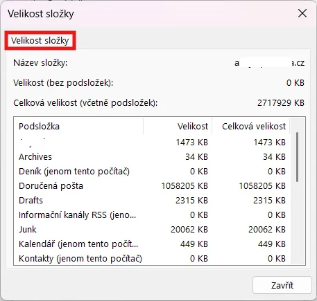Jak zjistit velikost poštovní schránky v klasickém Outlooku – Otevře se okno s informacemi o celkové velikosti schránky a velikostech jednotlivých…